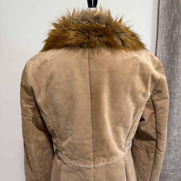 VTG Guess Womens Leather Coat Jacket Faux Fur Collar M Tan Y2K Indie Grunge 70s - Picture 9 of 16